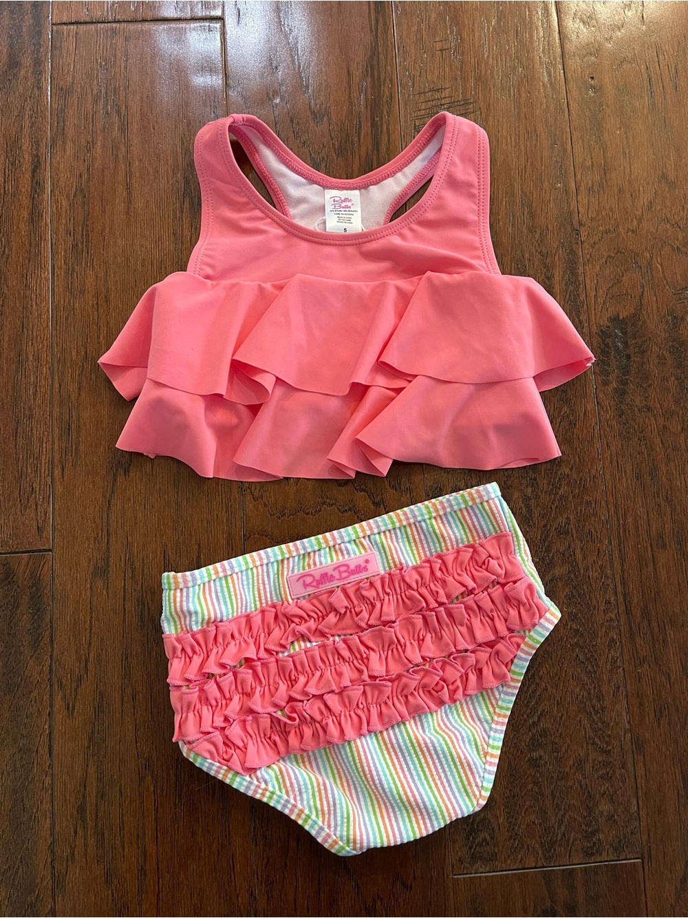Ruffle Butts Pink Ruffled Tankini Top with Rainbow Striped Trim